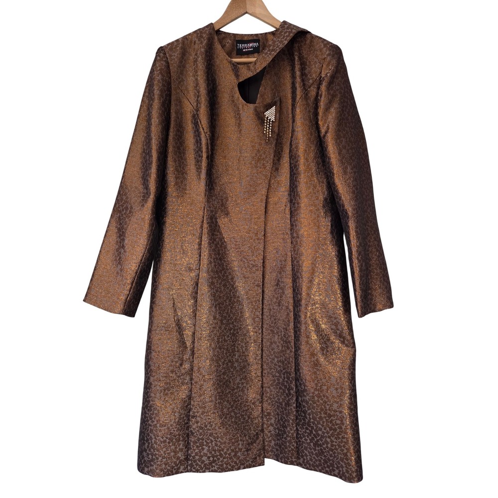 Terramina Collection‎ Evening Coat Metallic Jacquard Brooch Womens 12 Bronze